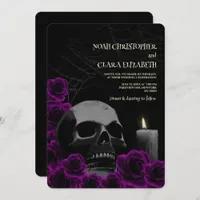 Moody Gothic Black Purple Roses Halloween Skull Invitation