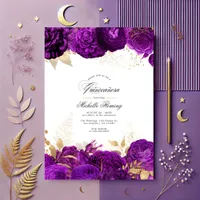 Elegant Purple and Gold Floral Quinceañera Invitation