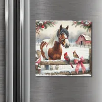 Spotted Pinto Horse and Cardinals Christmas Magnet