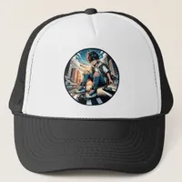 Pop Art Boy on Skateboard in City  Trucker Hat