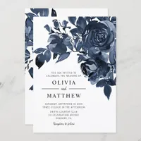 Modern Dark Ink Blue Floral Bouquet Wedding Invitation