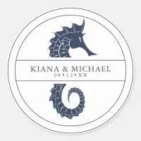 Blue Wave Seahorse Wedding Navy/Wht ID836 Classic Round Sticker