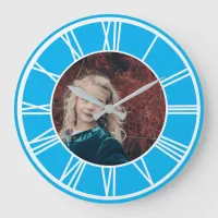 White Roman Numeral Sky Blue Add Photo Round Large Clock