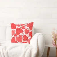 Fancy Red Hearts and Dots Pattern 20in Throw Pillow