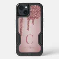 Girly Rose Gold Sparkle Glitter Drips Monogram iPhone 13 Case