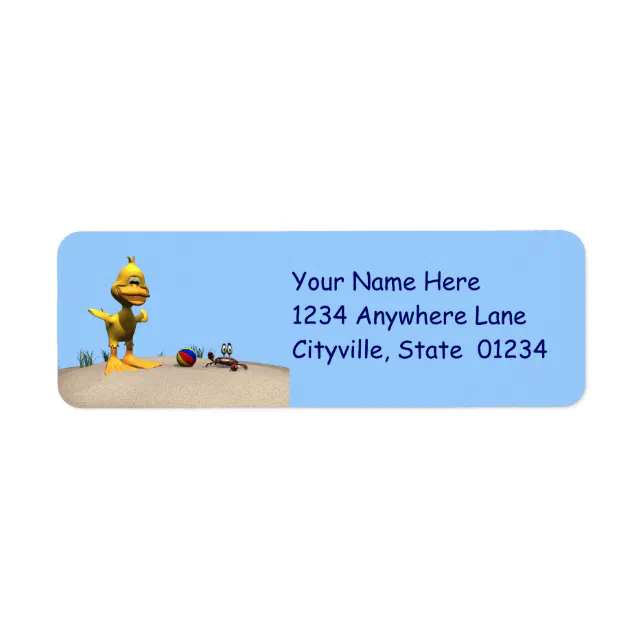 Cute Cartoon Duck and Crab on Beach Label