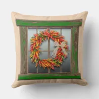 Southwest Chile Wreath on Rustic Green Wood Window Throw Pillow