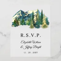 Rustic Watercolor Mountains Pine Winter RSVP    Foil Invitation Postcard