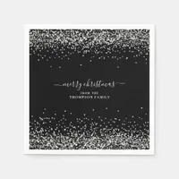 Glam Silver Glitter Name Merry Christmas Black Napkins