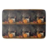 Autumn Decorations on Table, Pumpkin, Fruit, Drink Bath Mat