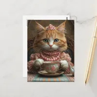 Cute Ginger Kitty Dressed in Pink at Tea Postcard