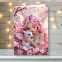 Pretty Pink Elven Fairy & Dragon | Thinking of You Card