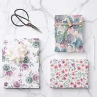 Three Abstract Watercolor Teal Mauve Beige Pattern Wrapping Paper Sheets