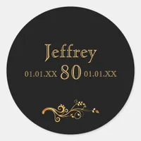 80th birthday elegant black and gold classic round sticker