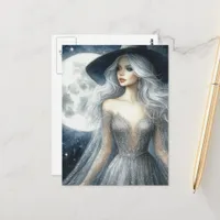 Witch in Silver Dress and a Full Moon  Postcard