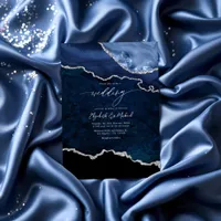 Elegant Navy Blue and Silver Agate Wedding QR Code Invitation