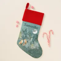 Fox Family in Forest Full Moon Snowfall Custom Christmas Stocking