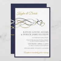 Hearts Wedding Invitations | Dark Navy Blue & Gold