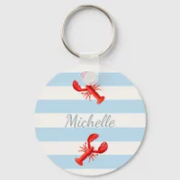 Blue white stripes red lobsters name keychain