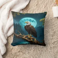 Eagle Perched on Branch Under Full Moon Throw Pillow