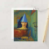 Party hat woman in rustic copper bathtub collage postcard