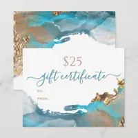 Gift Certificate Elegant Teal Gold Fluid Alcohol