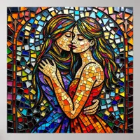 Mosaic Tile Style Ai Art Romantic Embrace Poster