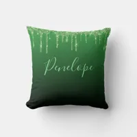 Green Glitter Dripping Elegant Monogram  Throw Pillow