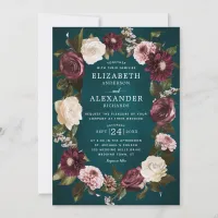 Elegant Dark Moody Floral Teal Wedding  Invitation