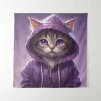 Adorable Kitten in a Purple Hoodie Tapestry