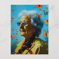 Elderly Woman With Butterflies  Postcard