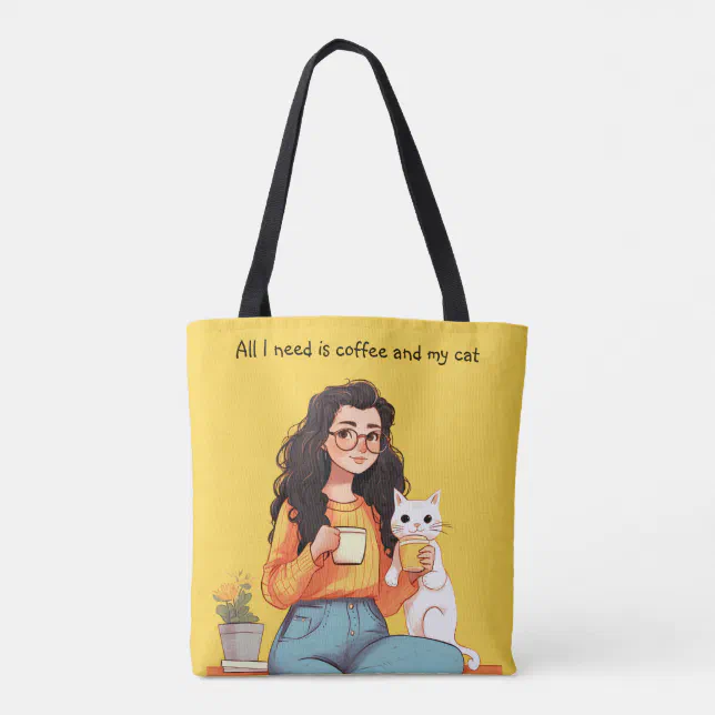 Happiness is Coffee & Cat Cute Yellow Tote Bag