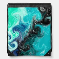 Teal, Blue and Black Fluid Art Marble Swirls    Drawstring Bag