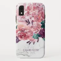 Personalized Vintage Pink Watercolor Floral Marble iPhone XR Case