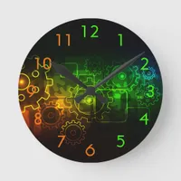 Cogwheels mechanics black neo green orange round clock