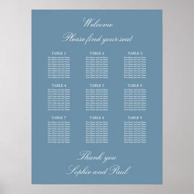 Dusty Blue 9 Table Wedding Seating Chart Poster