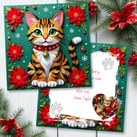 Cute Tabby Cat with Poinsettias Custom Christmas Holiday Card