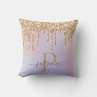 Glam Gold Glitter Drips Elegant Monogram  Throw Pi Throw Pillow