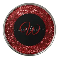 Stylish monogram red glitter name black golf ball marker