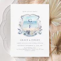 Elegant Watercolor Beach Monogram Crest Wedding Invitation