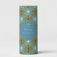 Interlacing Victorian Golden Trim Aqua Background Pillar Candle