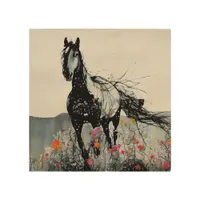 Black Horse in Wildflowers Wood Wall Art