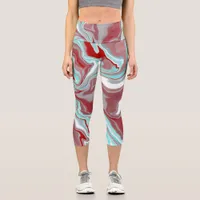 Teal and Burgundy Marble Digital Fluid Art    Capri Leggings