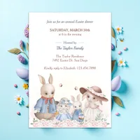 Watercolor Floral Cute Rabbit Family Easter Dinner Invitation