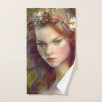 Dreamy kitschy Maiden with Flower Wreath AI Art Bath Towel Set