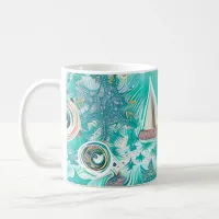 Sailboats and Sea Creatures Abstract Beachy Art Coffee Mug