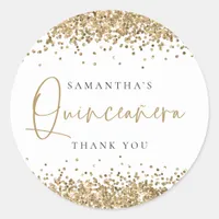 Trendy Gold Glitter Name Quinceañera Thank You  Classic Round Sticker