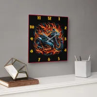 Fiery motorcycle roaring through vibrant flames square wall clock