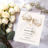 Bow cream beige girl Confirmation invitation