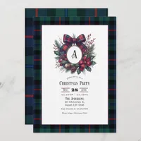 Monogram Wreath Vintage Plaid Christmas Party Invitation